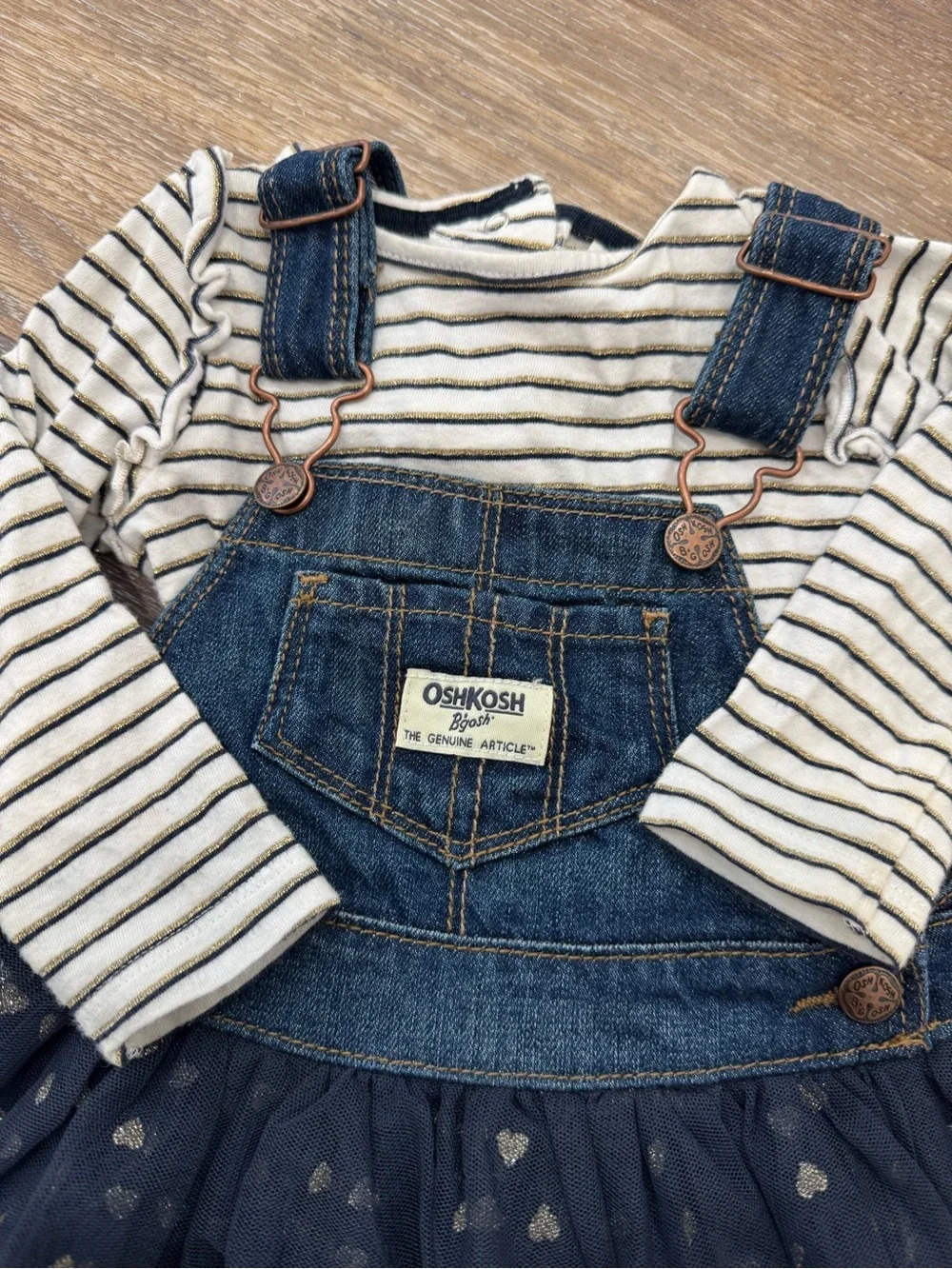 OshKosh B'gosh Navy Denim Overall Dress with Cream & Black Striped Top